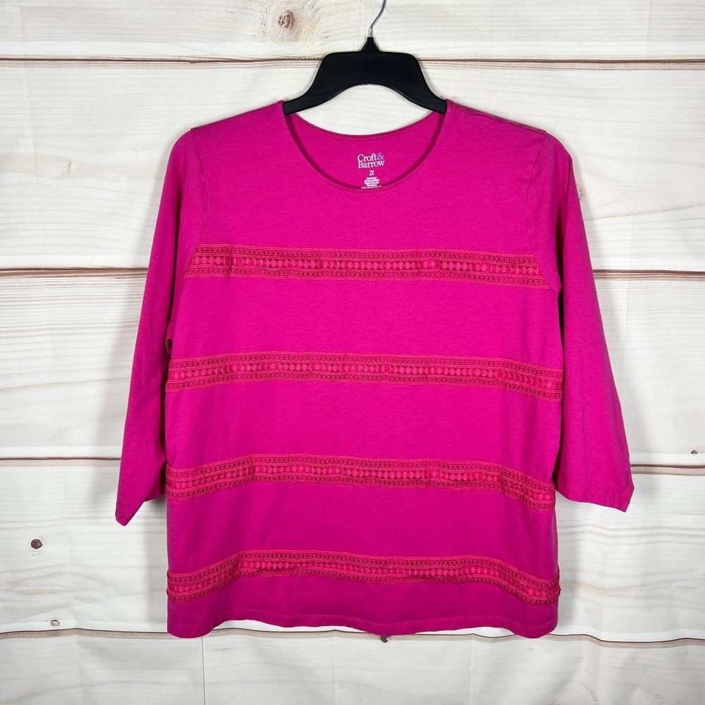 Croft & Barrow Top Womens 2X Pink Lace Trim T-Shirt Cotton Modal Knit Crew Neck